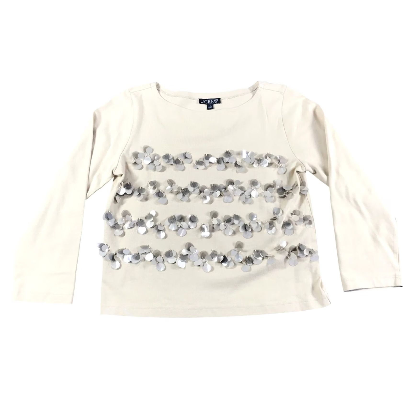 J.Crew J.Crew Womens Beige Sequin Floral Embellished Long Sleeve Top Size S Boat Neck Shirt Womens Size S / US 4 / IT 40 - 2 Thumbnail