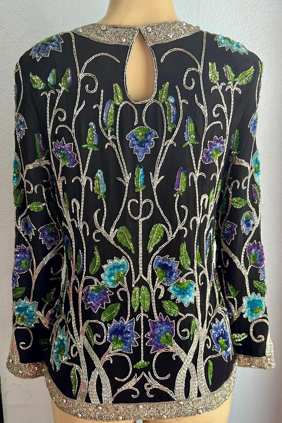 Designer Sequin Evening Fashion Top Black Flowered size 10 only Size L / US 10 / IT 46 - 1 Thumbnail