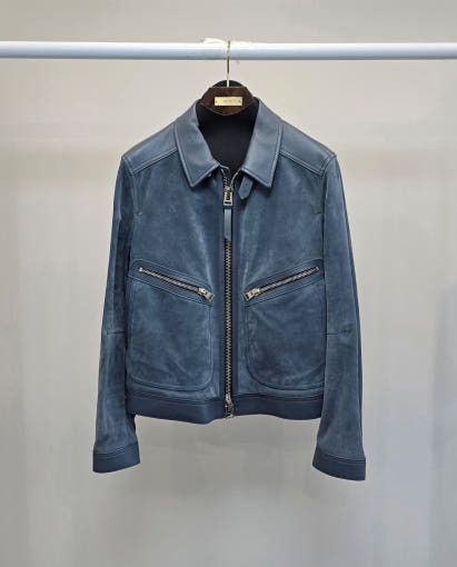o1sm1stk0725 Suede Contrast Leather Jacket in Slate Blue