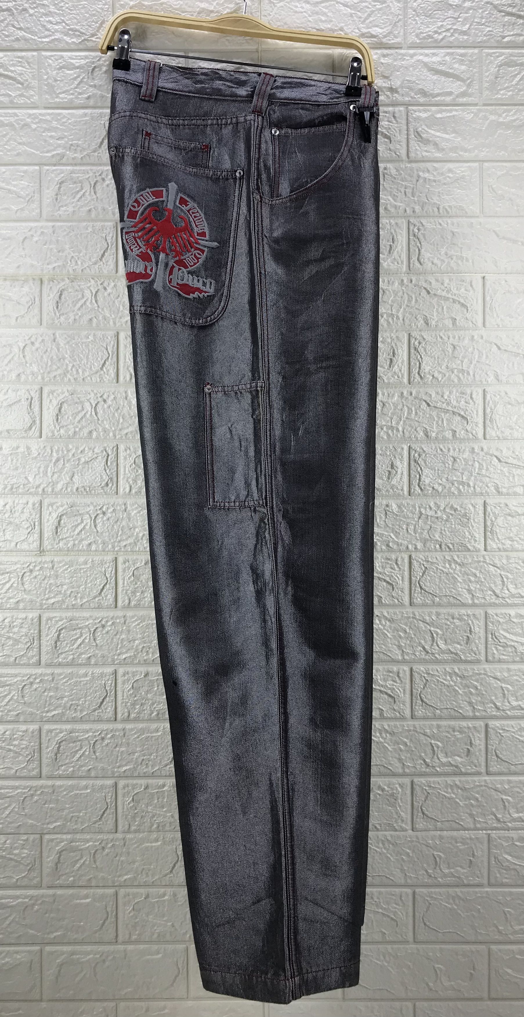 Japanese Brand Baggy Jeans Amore Puro Multi Pocket Glossy Grey Wide Denim Size US 31 - 10 Thumbnail