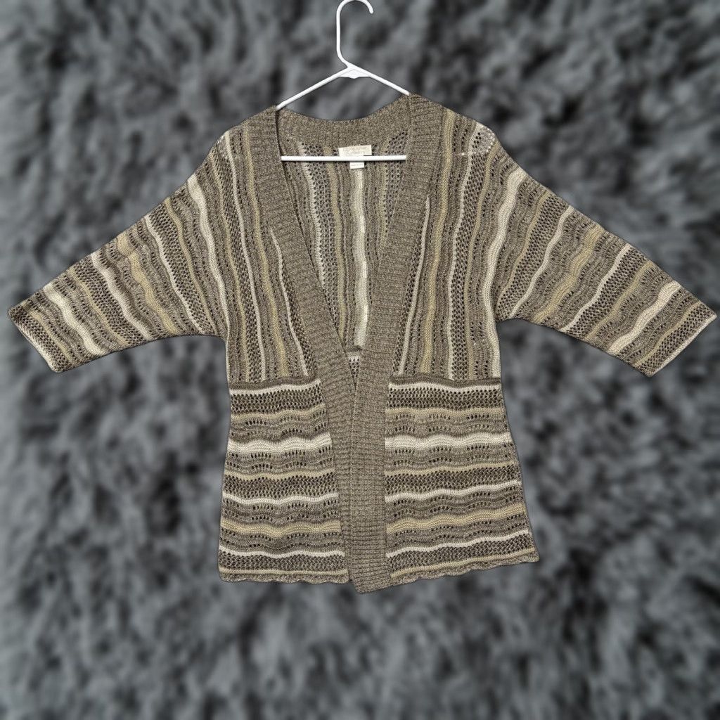 Vintage VINTAGE Christopher & Banks Cardigan Sweater M Beige Open-Knit 3/4 Sleeve Dolman Striped Women's Knit Open Front Casual Fall Spring Womens Mens? Size M / US 6-8 / IT 42-44 - 1 Thumbnail