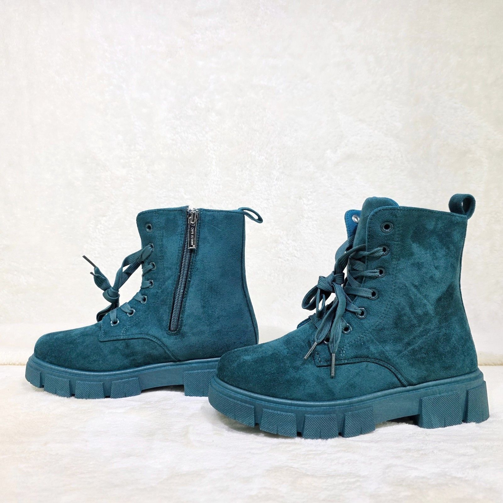 Other Cozy Teal Faux Suede Combat Ankle Boots Matching Color Sole Size US 6 / IT 36 - 1 Thumbnail