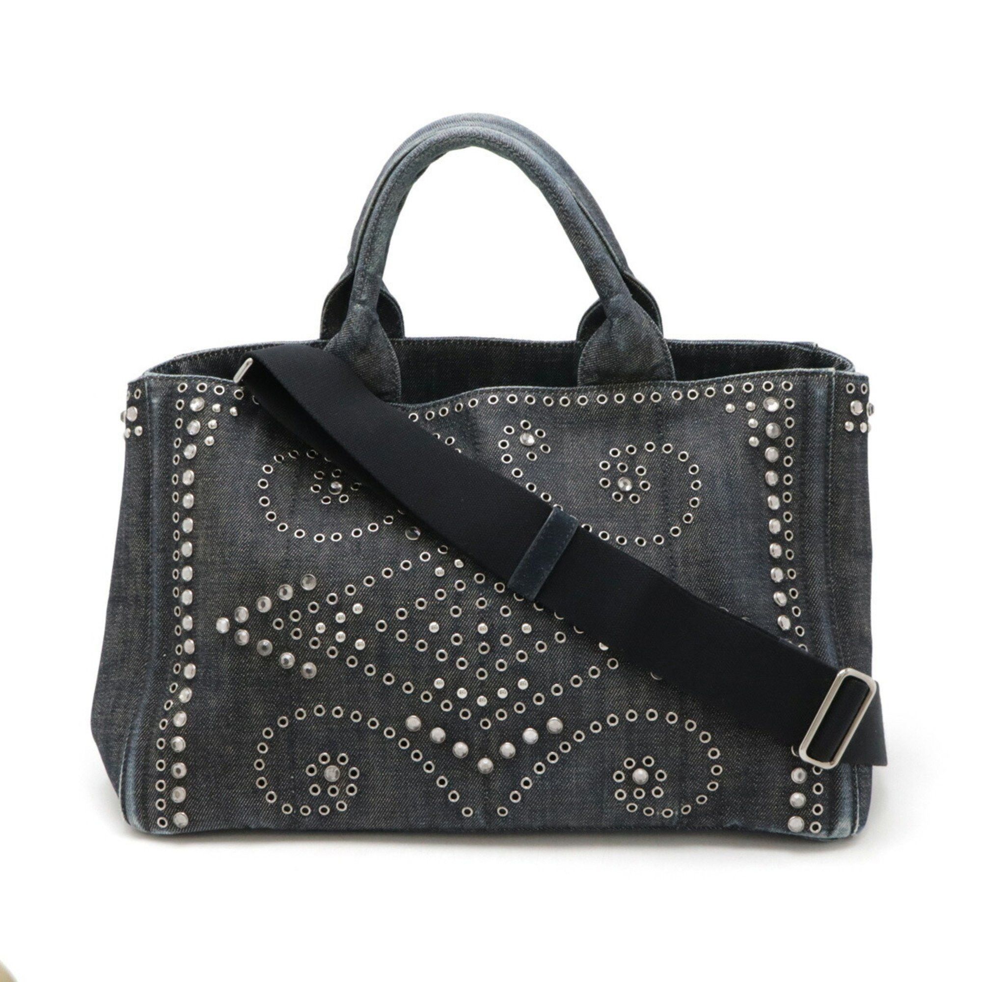 Prada Canapa Tote Bag Shoulder Denim Beads Studs Bleu Indigo Purchased At A Domestic Boutique Bn2642, Women's