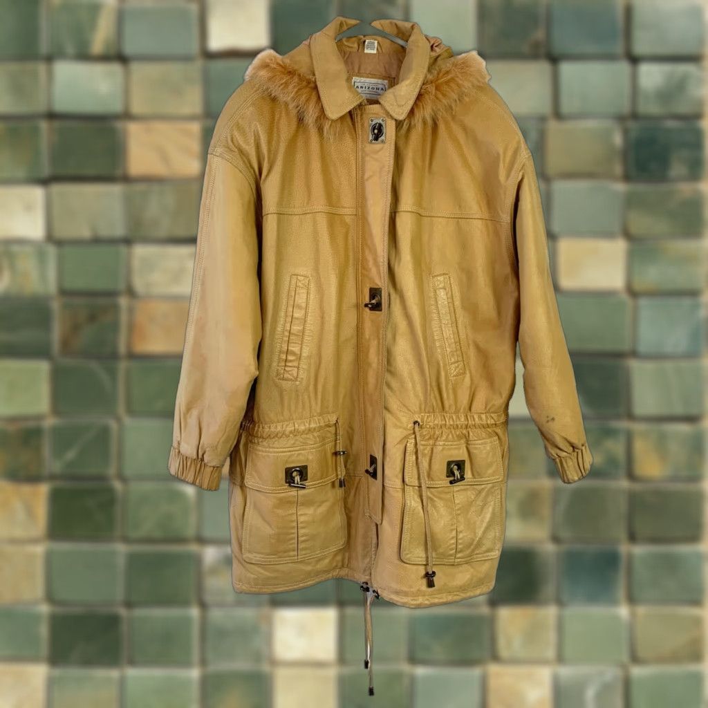 Vintage VINTAGE Arizona Leather Parka Drawstring Waist Fur Hood Jacket Large 1990s Brown Rockabilly Mens Womens Men Womens? Size US L / EU 52-54 / 3 - 1 Thumbnail