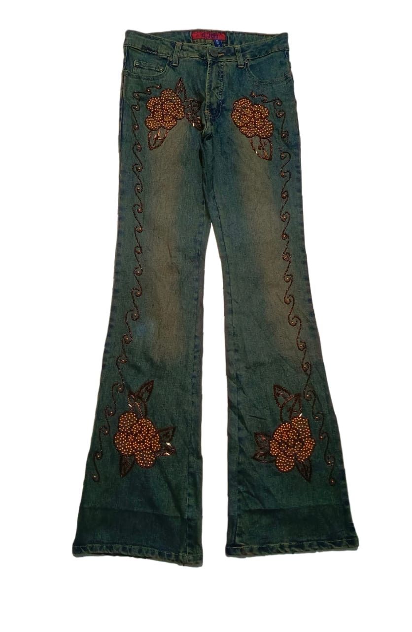 Vintage 2000's Flare Wide Rusty Denim flowers bootcut G.JON Size 28" / US 6 / IT 42 - 1 Thumbnail