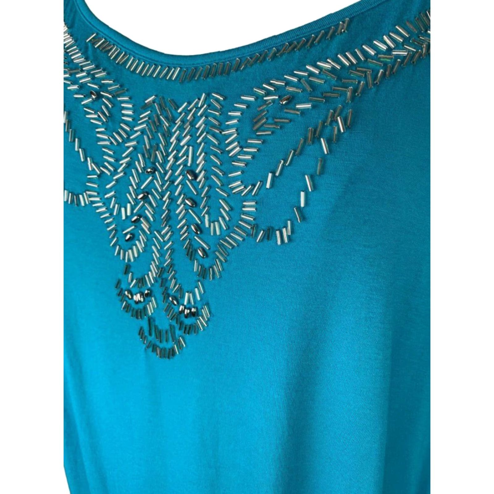 Vintage Lane Bryant Blouson Jersey Knit Top 18/20 3/4 Sleeve Beaded Neckline Teal Blue Women PLUS Womens Size XXL / US 16-18 / IT 52-54 - 2 Thumbnail