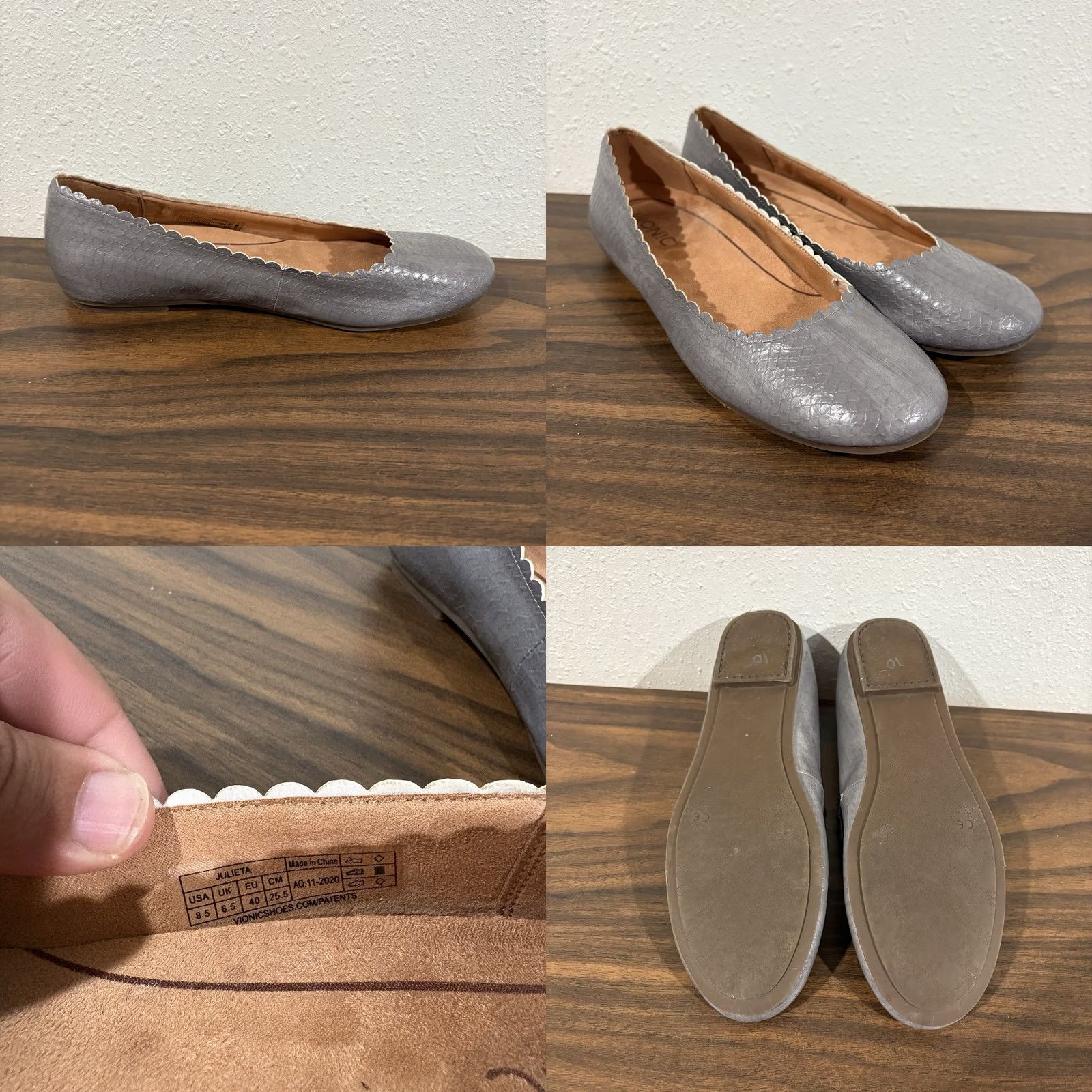 Vionic Vionic Julieta Ballet Flats Womens Size 8.5 Grey Snake Print Scalloped Comfort Size US 9 / IT 39 - 9 Thumbnail