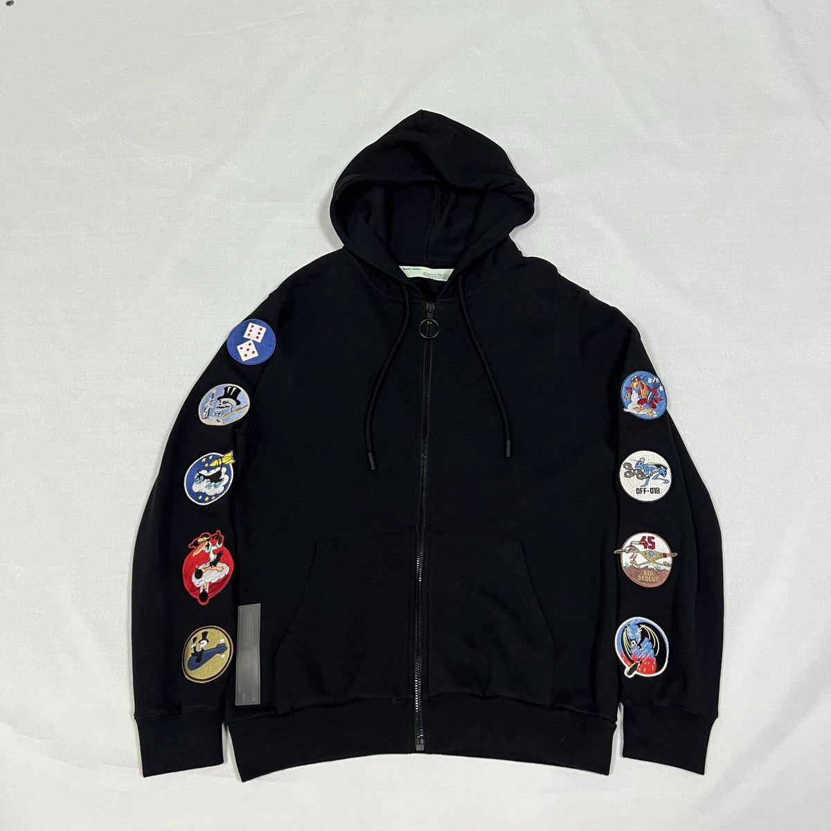 image of Off White Off-White Ss18 Patch Badge Zip-Up Hoodie in Black, Men's (Size Medium)