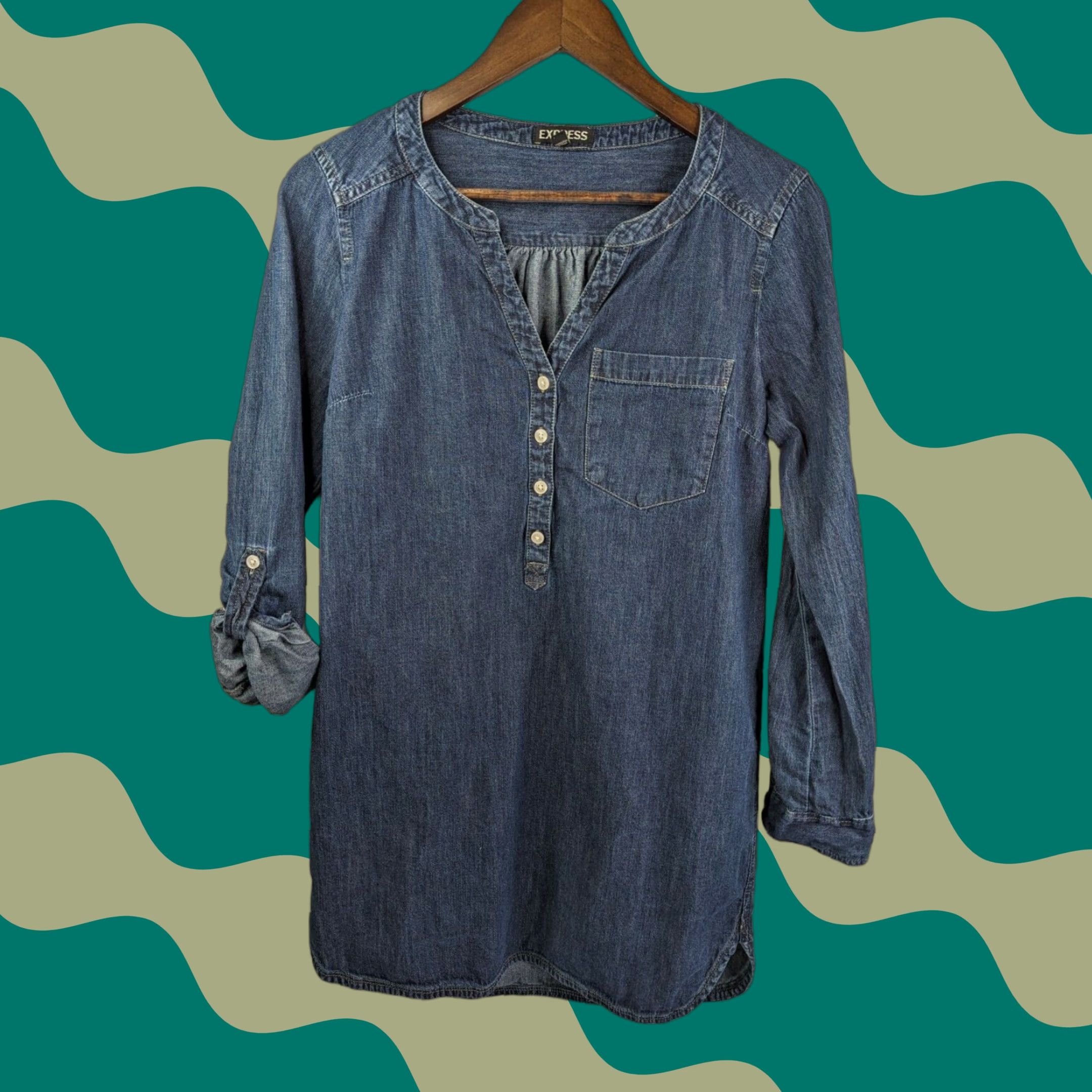 Express EXPRESS Blue Chambray Denim Mini Shirt Dress Tunic Roll Tab Sleeves Womens Small Size S / US 4 / IT 40 - 1 Thumbnail