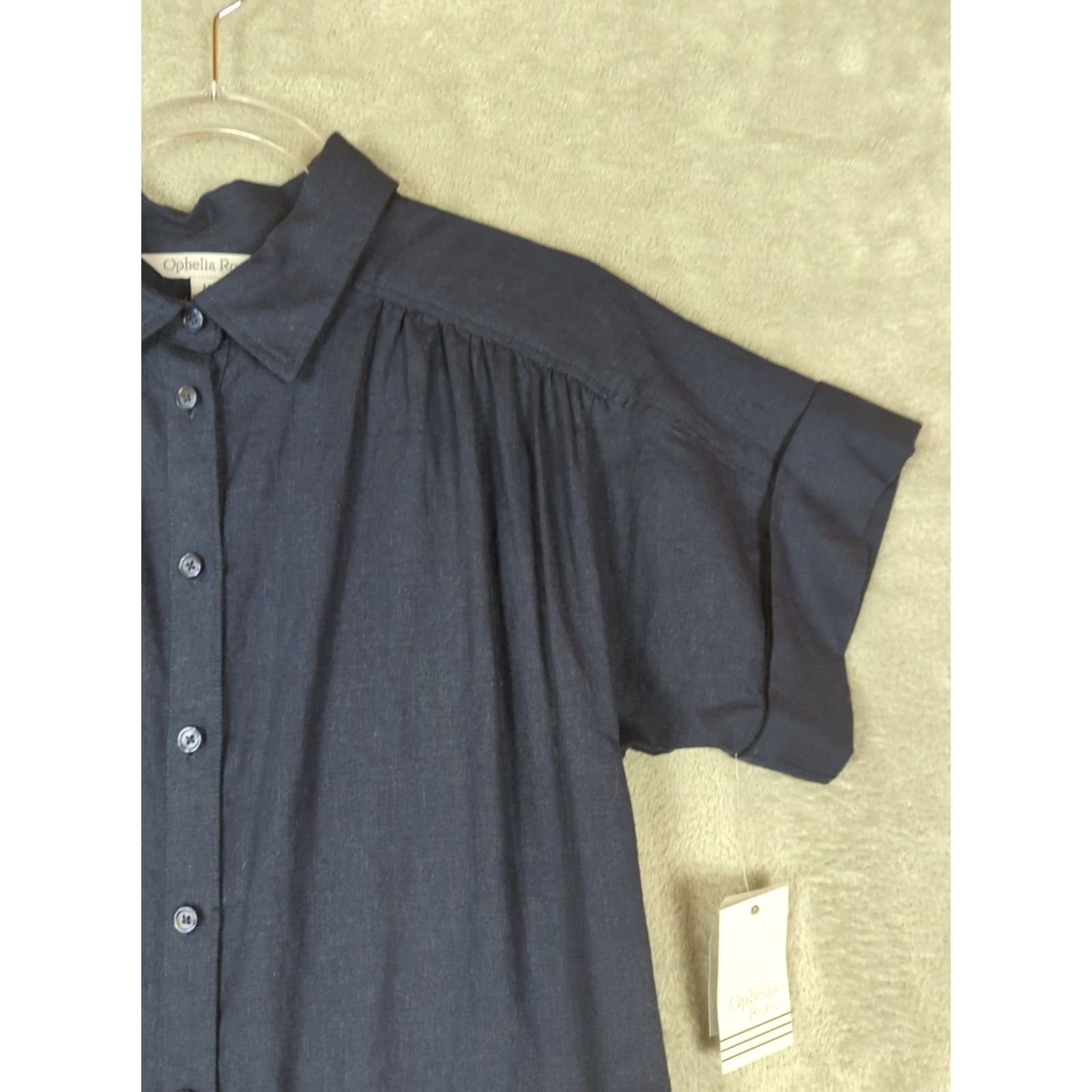 Vintage Ophelia Roe Dress Shirt Navy blue Knee Length Button Down Pocket Cap Sleeve Collared Linen Blend Minimalist Women M Size M / US 6-8 / IT 42-44 - 2 Thumbnail