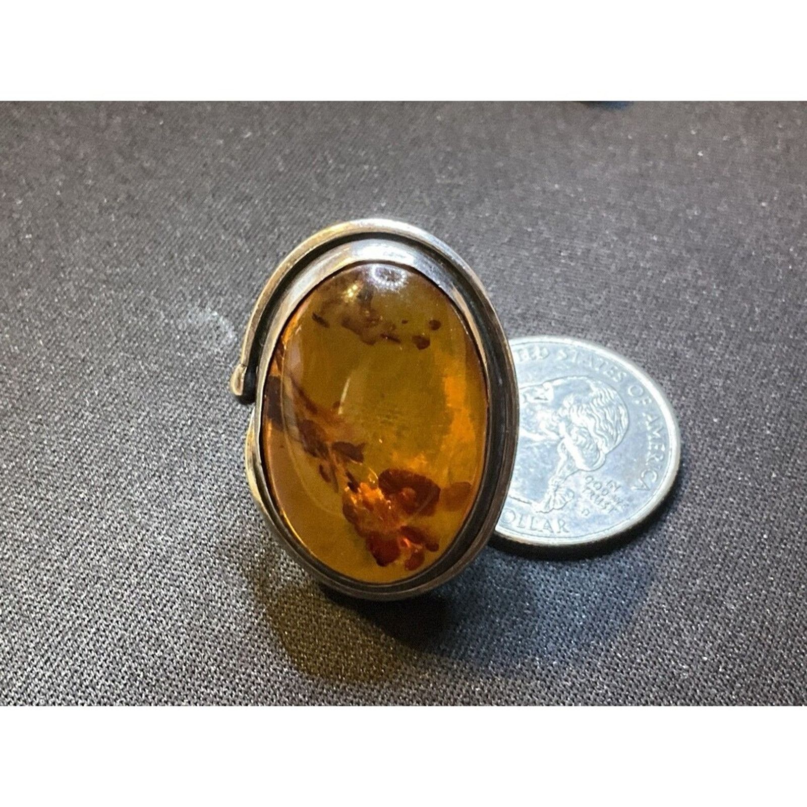 Other Size 8 Tested 925 Silver Ring With Large Amber Stone Size ONE SIZE - 2 Thumbnail