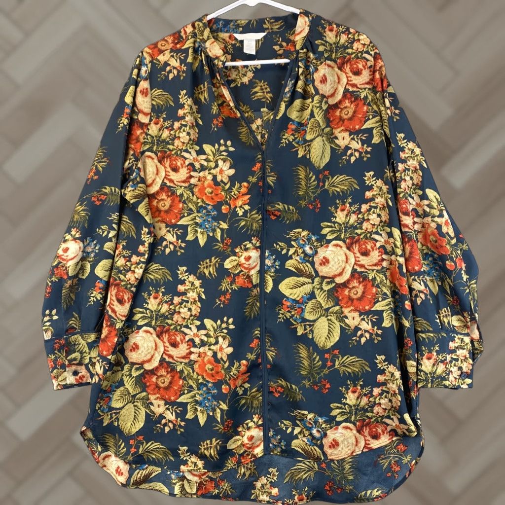 H&M H&M Black Floral Long Sleeve Polyester Relaxed Blouse Shirt Sz 14 / 66-7 Size XL / US 12-14 / IT 48-50 - 1 Thumbnail