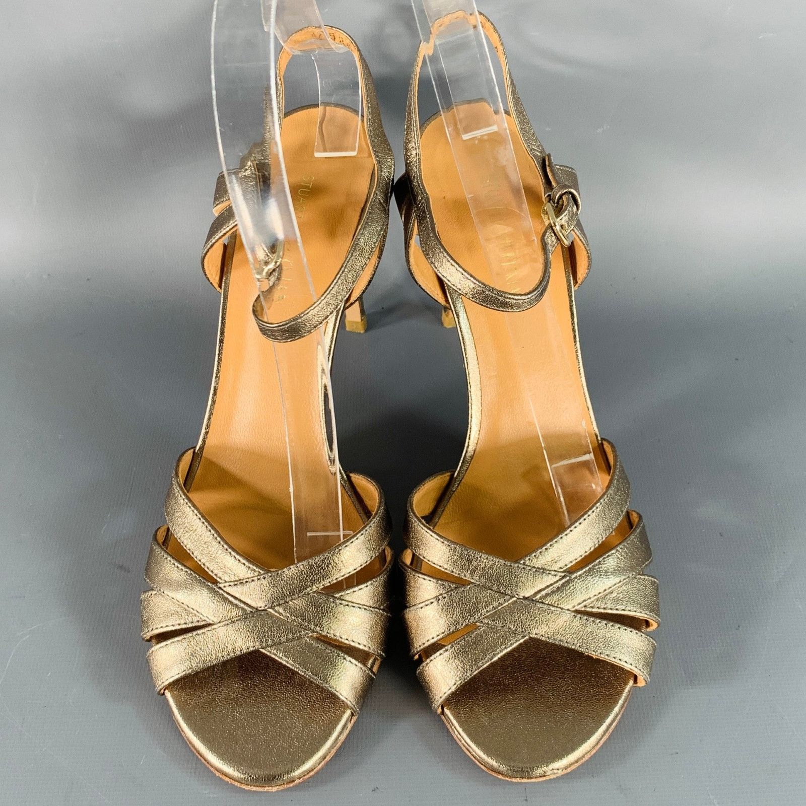 Stuart Weitzman Metallic Gold Leather Strappy Ankle Strap Sandals Size US 8 / IT 38 - 4 Thumbnail