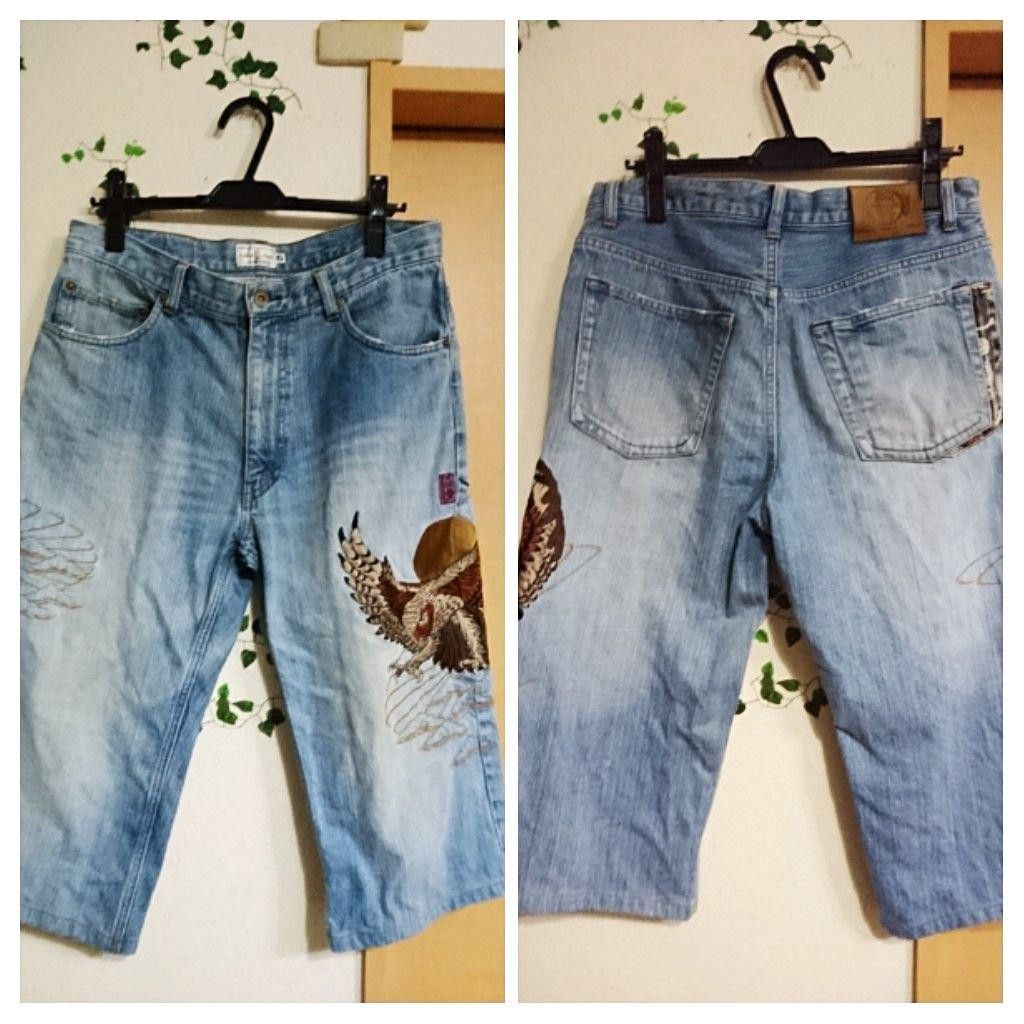 Japanese Brand KARAKURI TAMASHII Embroidered Denim Shorts Blue 33 Size US 34 / EU 50 - 2 Thumbnail