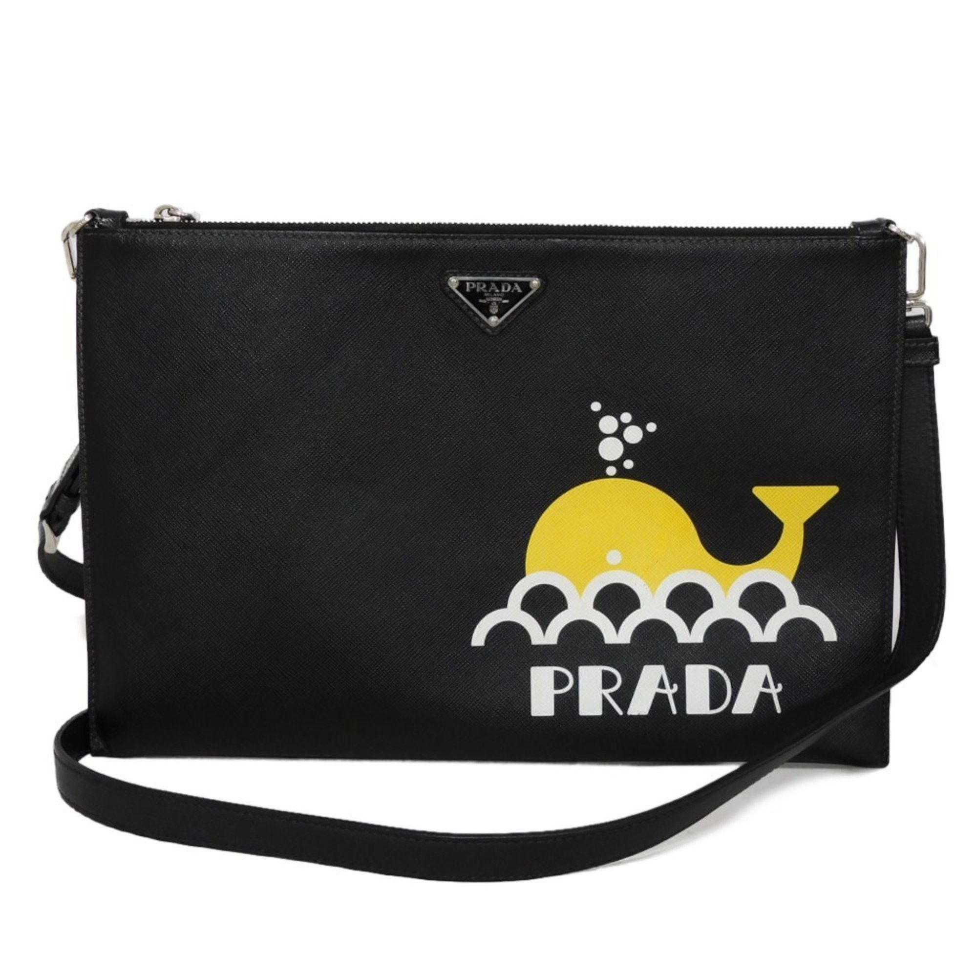 PRADA Shoulder Bag Whale Print Clutch Saffiano Triangle Black