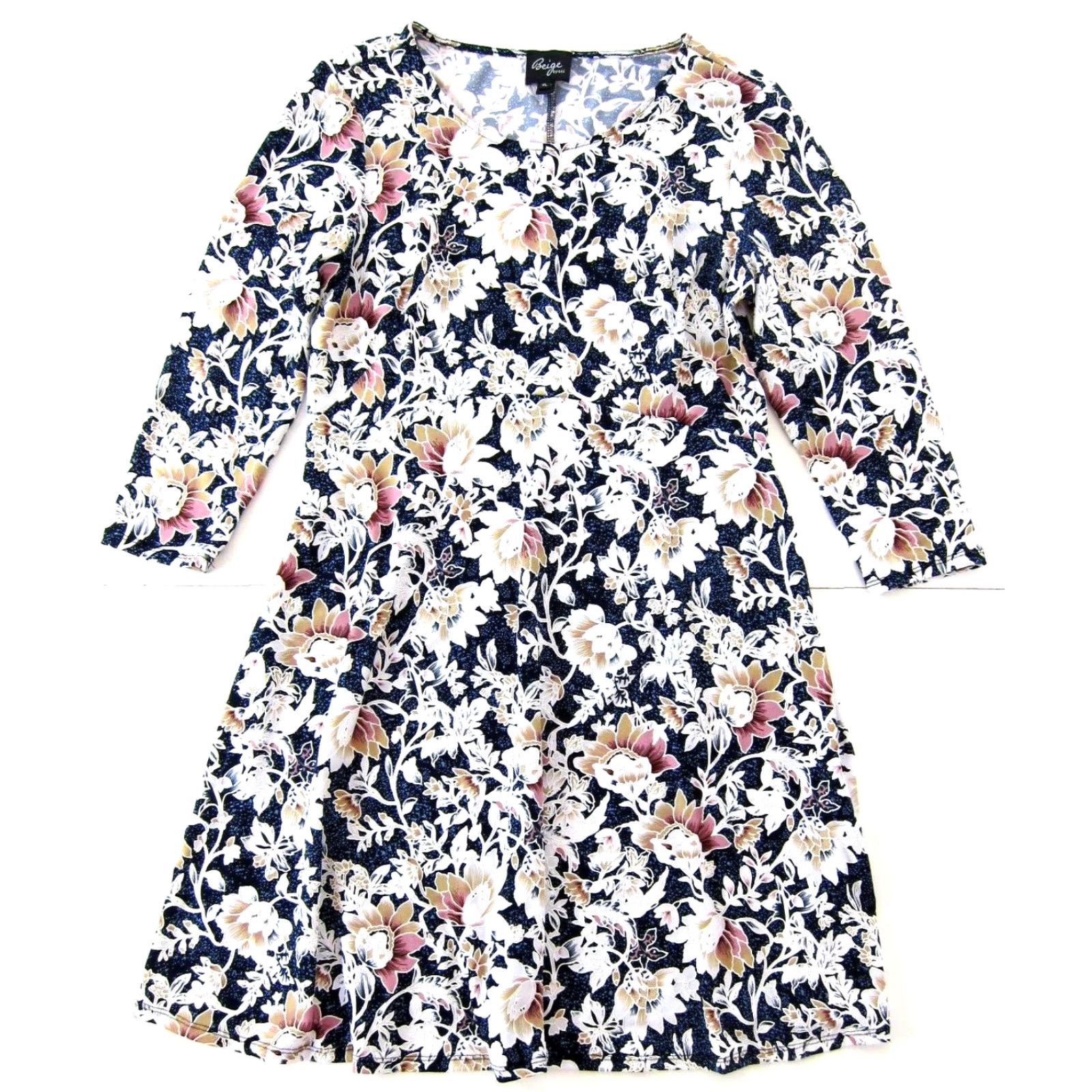 Vintage Beige By Eci Blue White Pink Floral Stretch Long Sleeve Tunic Smock Dress XL Size XL / US 12-14 / IT 48-50 - 2 Thumbnail