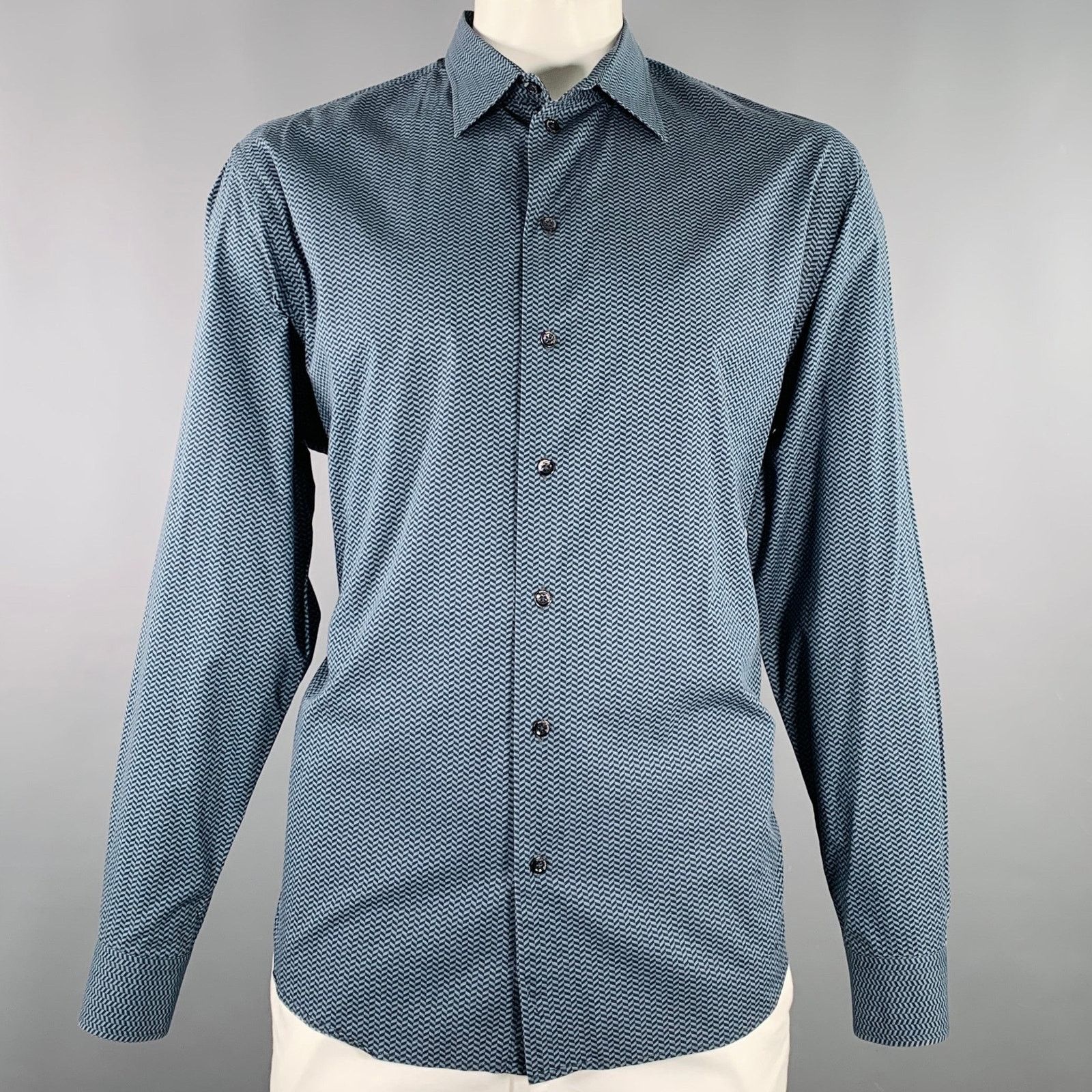 Emporio Armani Size XXL Blue Black Herringbone Long Sleeve Shirt Size US XXL / EU 58 / 5 - 1 Thumbnail