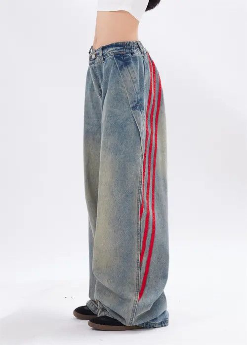 Japanese Brand × Jean Punk distressed washed webbing striped loose wide-leg jeans Size US 34 / EU 50 - 4 Thumbnail