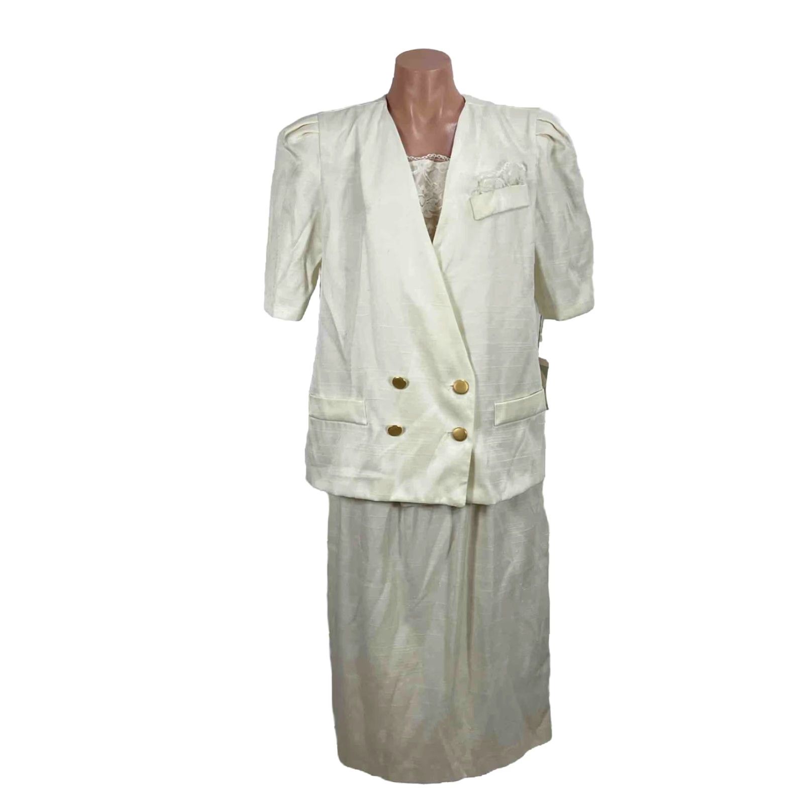 VINTAGE LORAC ORIGINAL Skirt Suit Womens 14 Ivory Linen Like Puffy Shoulder UNIONMADE Secretary/Geek 1980s
