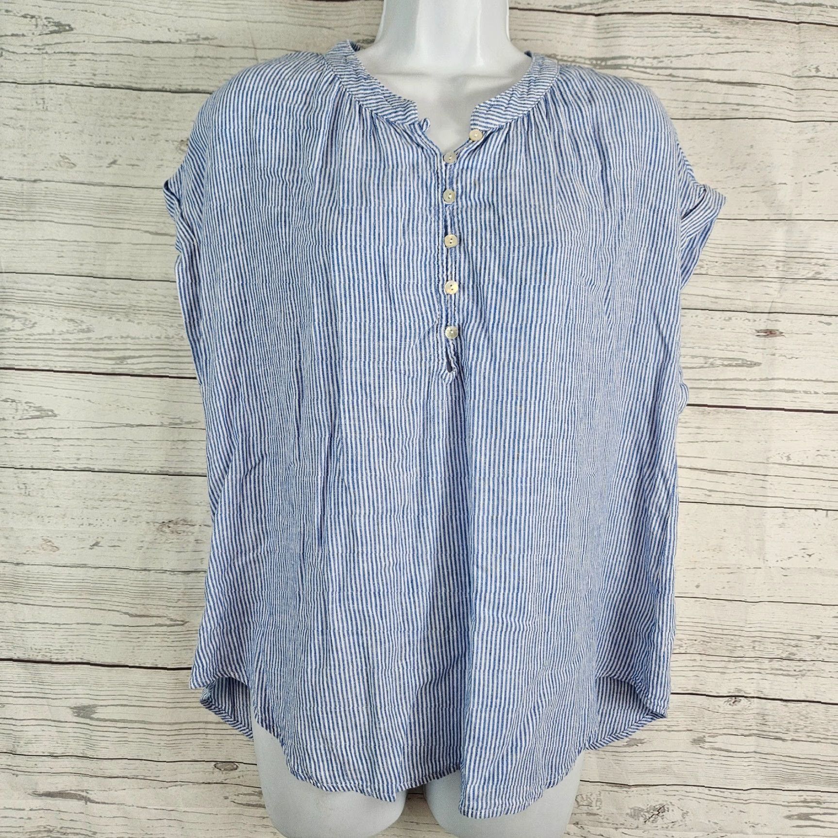 Vintage Cloth & Stone Womens Blouse XL Blue White Striped Linen Blend Shirt Casual Popover Pullover Size XL / US 12-14 / IT 48-50 - 2 Thumbnail