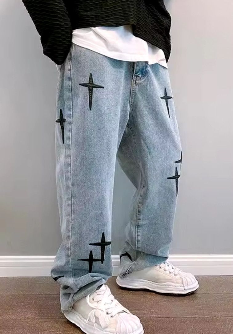 Japanese Brand Y2K Cross Blue Denim Pants Korean Jeans Baggy Wide Size US 33 - 1 Thumbnail