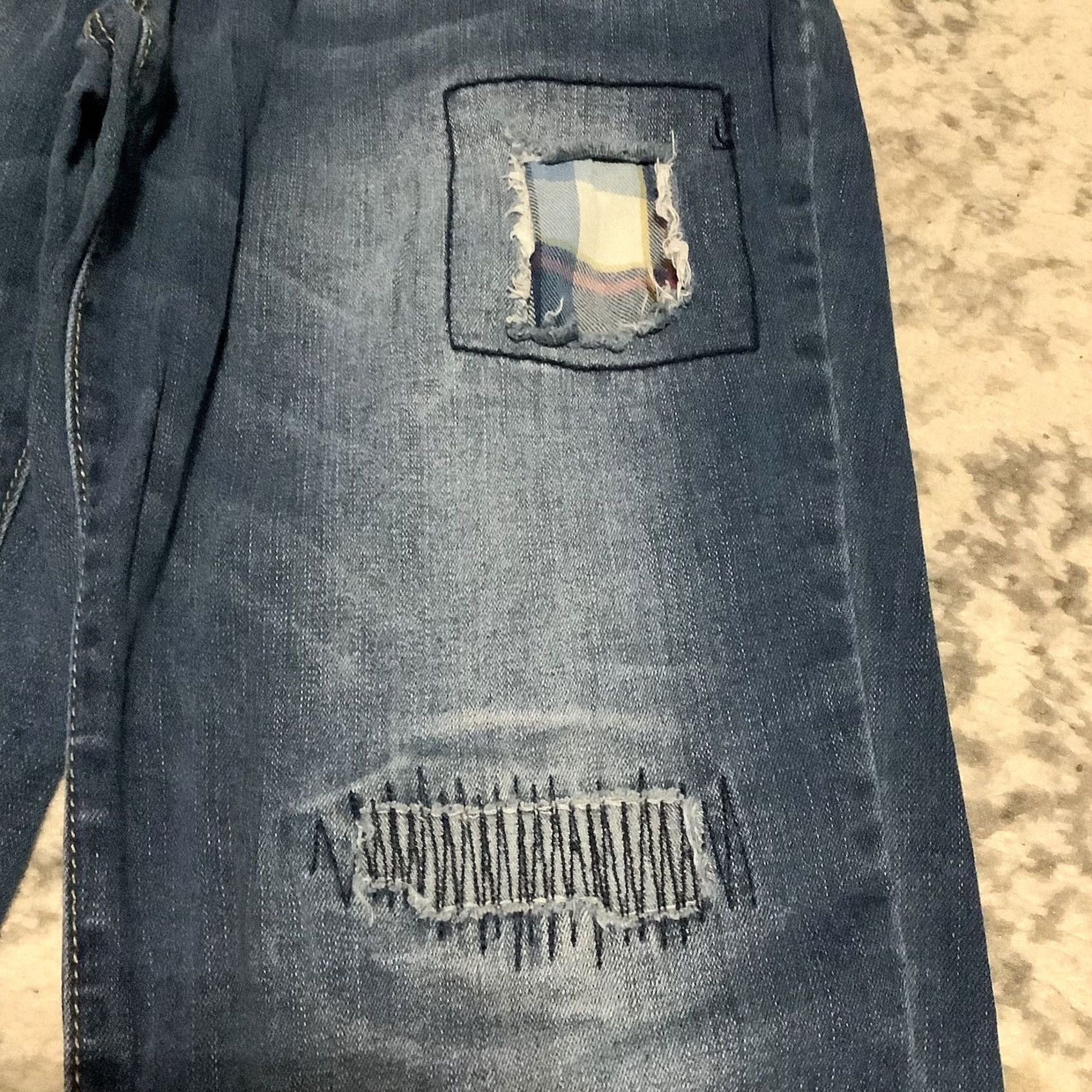 Denime EST 1946 Denim Jeans Women 6 Blue Patchwork Distressed Repaired Stretch Jeans 5-Pocket Straight Bohemian Grunge Patchwork Vintage: No Size 28" / US 6 / IT 42 - 3 Thumbnail