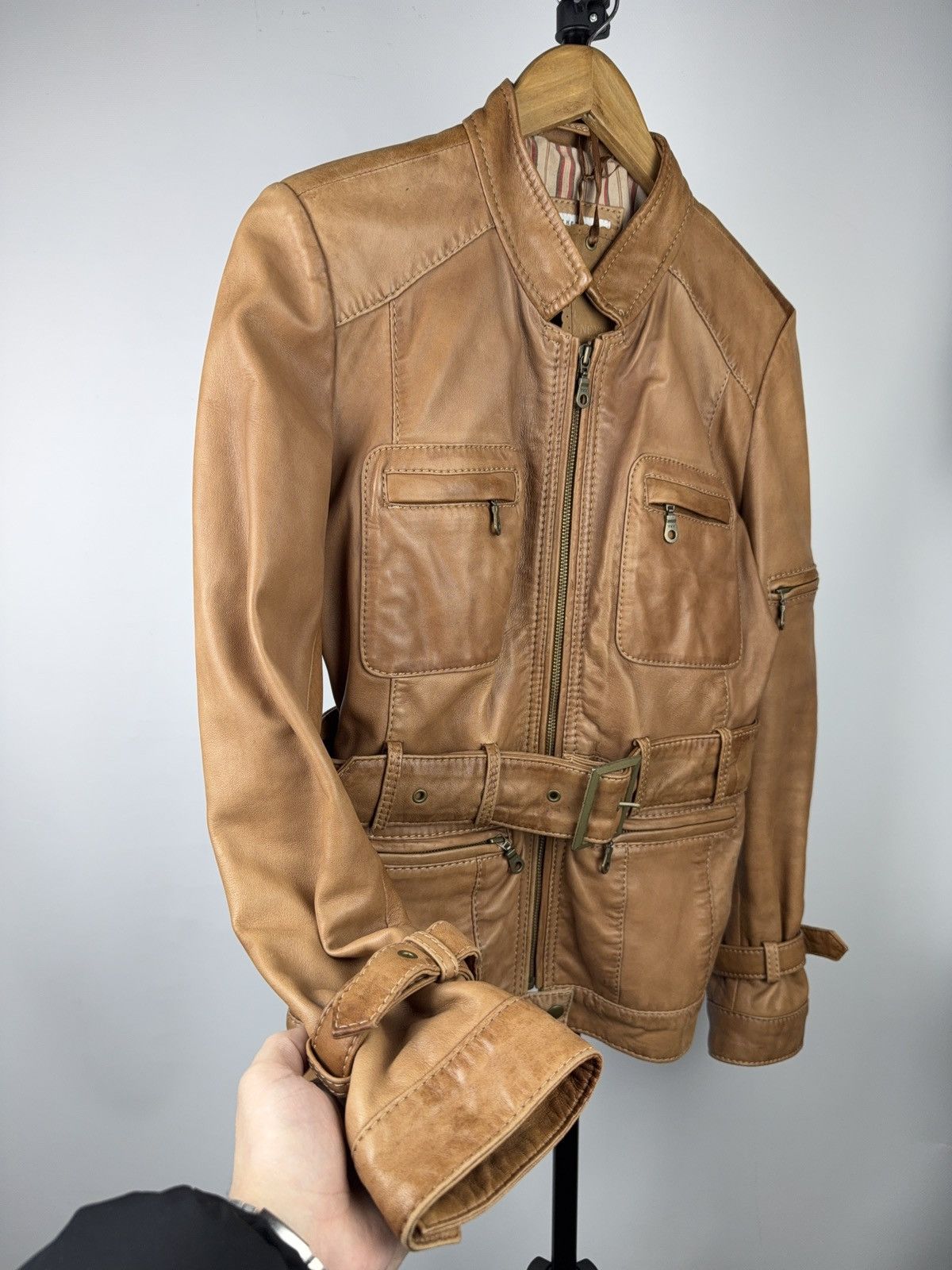 Japanese Brand 00s Leather Safari Biker Moto Jacket Tan Brown Vintage Size M / US 6-8 / IT 42-44 - 3 Thumbnail