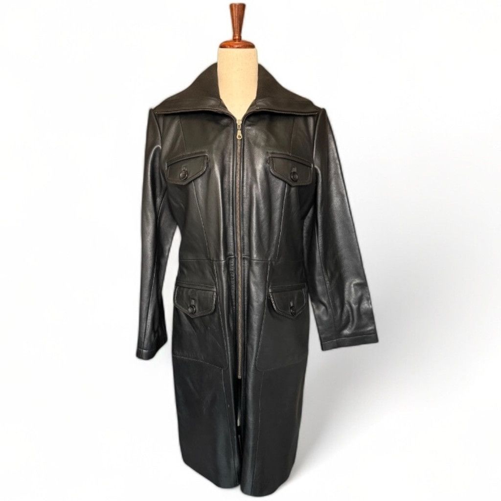 Vintage Long Leather Coat Knit Collar Vintage Black Large Unisex Size L / US 10 / IT 46 - 1 Thumbnail
