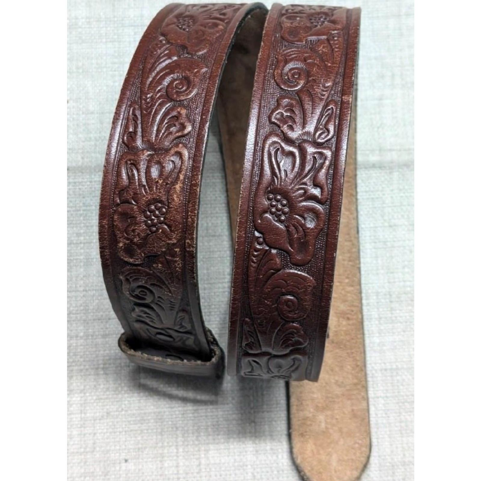 Vintage VINTAGE western belt Tooled belt Buckle Floral brown leather 32 Men Size 32 - 3 Thumbnail