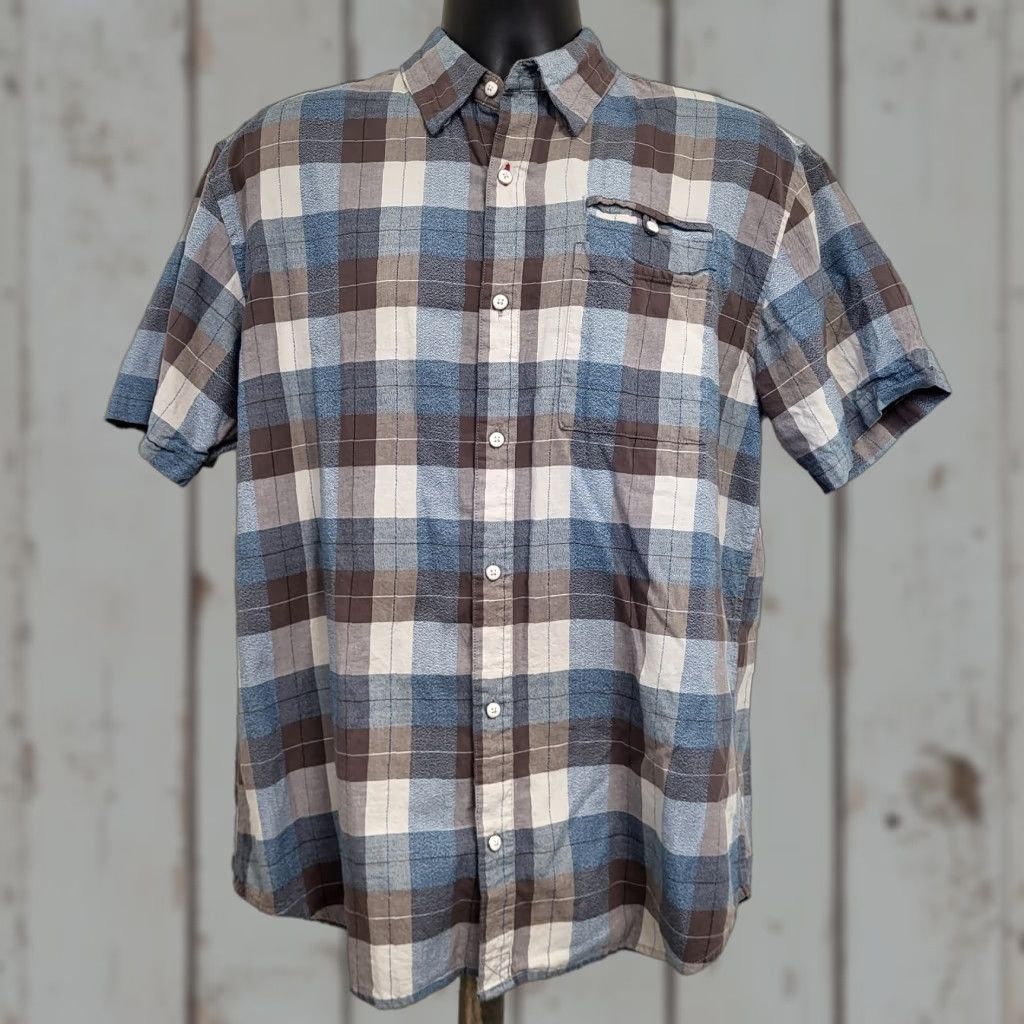 Vintage Grizzly Mountain Shirt Men XL Blue Brown Cream Short Sleeve Plaid Pocket Button-Up Shirt Size US XL / EU 56 / 4 - 1 Thumbnail
