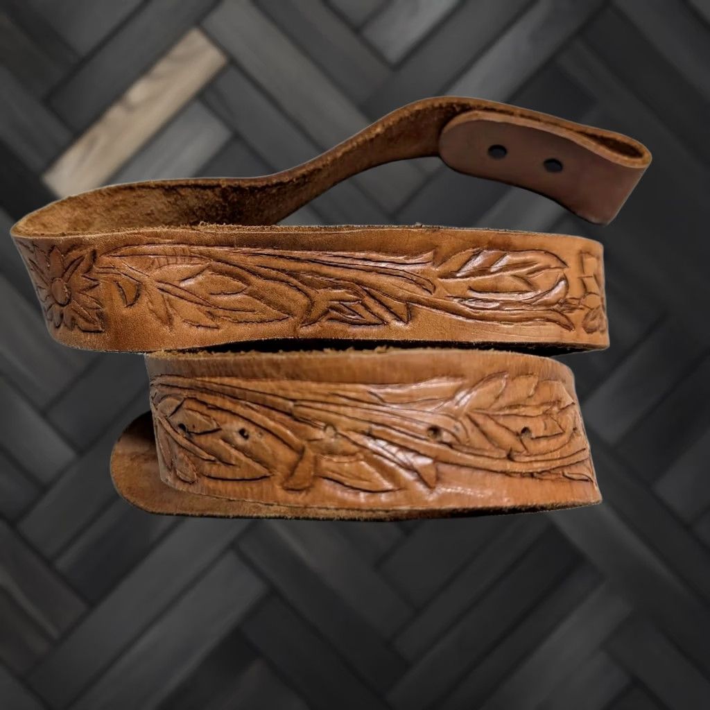 Vintage VINTAGE western belt Men 36 brown floral hand-tooled, handcrafted cowhide leather belt with buckle snaps Hippie 1970's crowd style Mens Size 36 - 1 Thumbnail