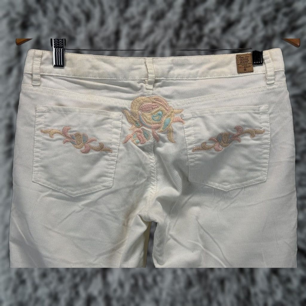 Guess VINTAGE GUESS Corduroy Flare Pants Womens 29 Embroidered Ivory Low Rise 31x33 Retro Y2K Boho Vintage Women’s Pants Size 29" - 1 Thumbnail