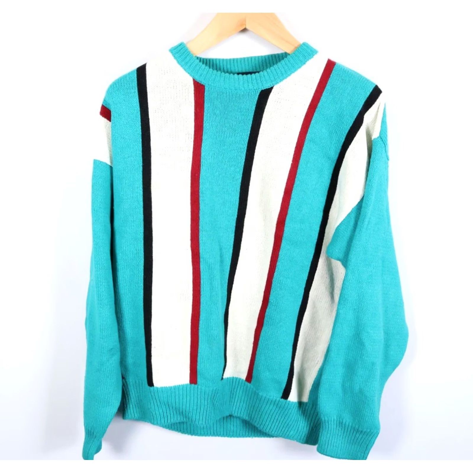 Vintage VINTAGE Par Four Sweater Shirt Mens Large 90s Teal Ivory Striped Heavyweight Cotton Blend Knit VTG Size US L / EU 52-54 / 3 - 2 Thumbnail