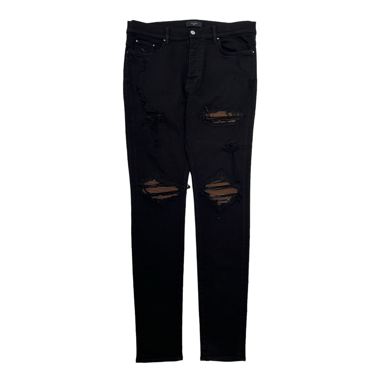 image of Amiri Mx1 Brown Ultra Suede Repair Jeans Black, Men's (Size 38)