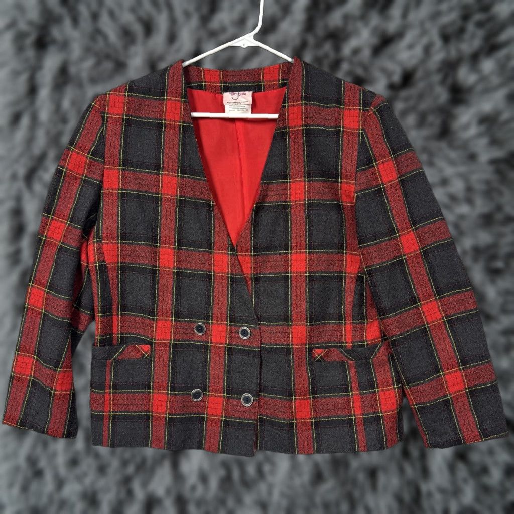 Vintage VINTAGE 90s Tan Jay Blazer Women 14 Red Plaid Tartan Shoulder Pads Preppy Retro Classic 80s 90s Blazer Women Size XL / US 12-14 / IT 48-50 - 1 Thumbnail