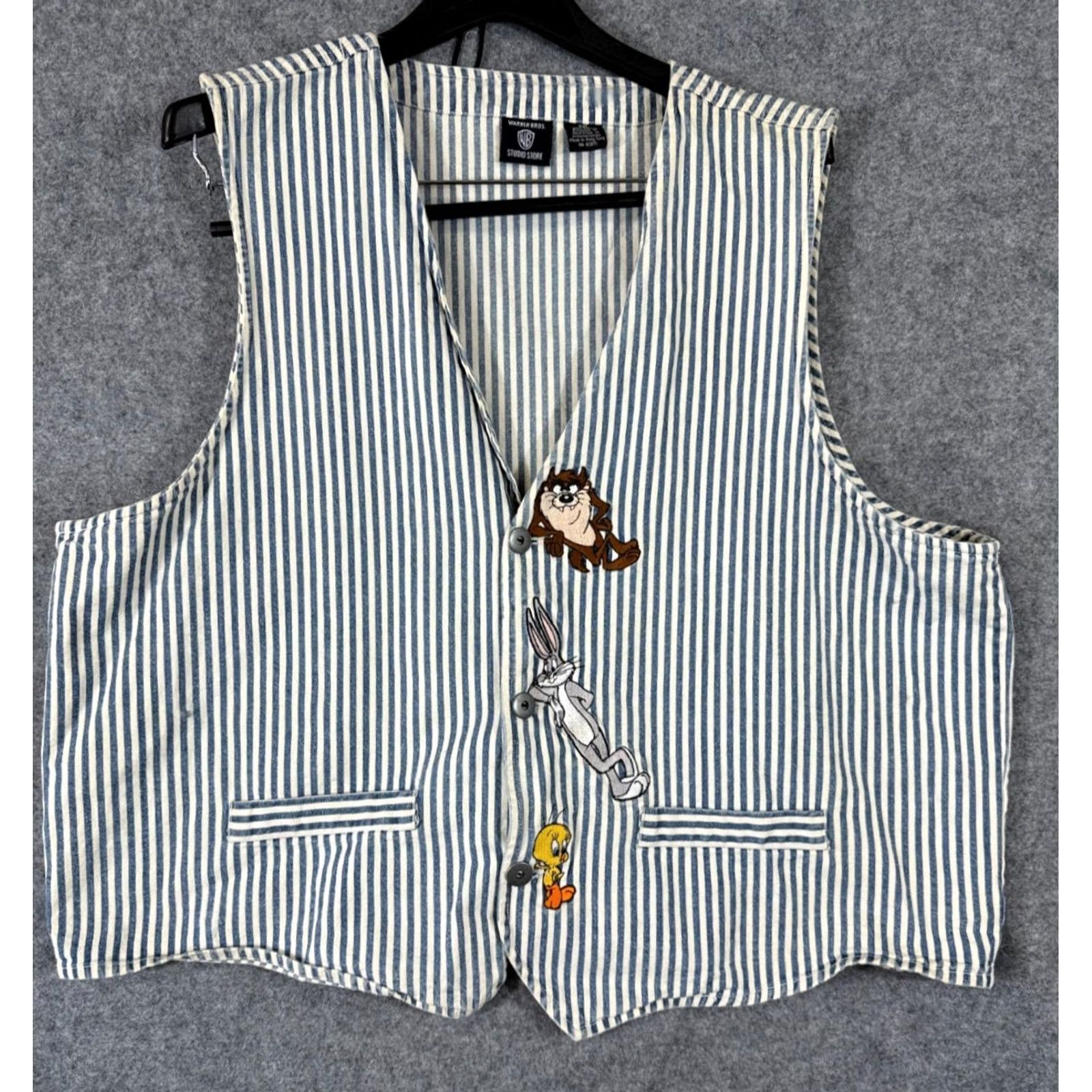 Vintage VINTAGE Warner Bros. Denim Vest Womens 2XL Blue White Striped Taz & Tweety 1996 Size XXL / US 16-18 / IT 52-54 - 2 Thumbnail