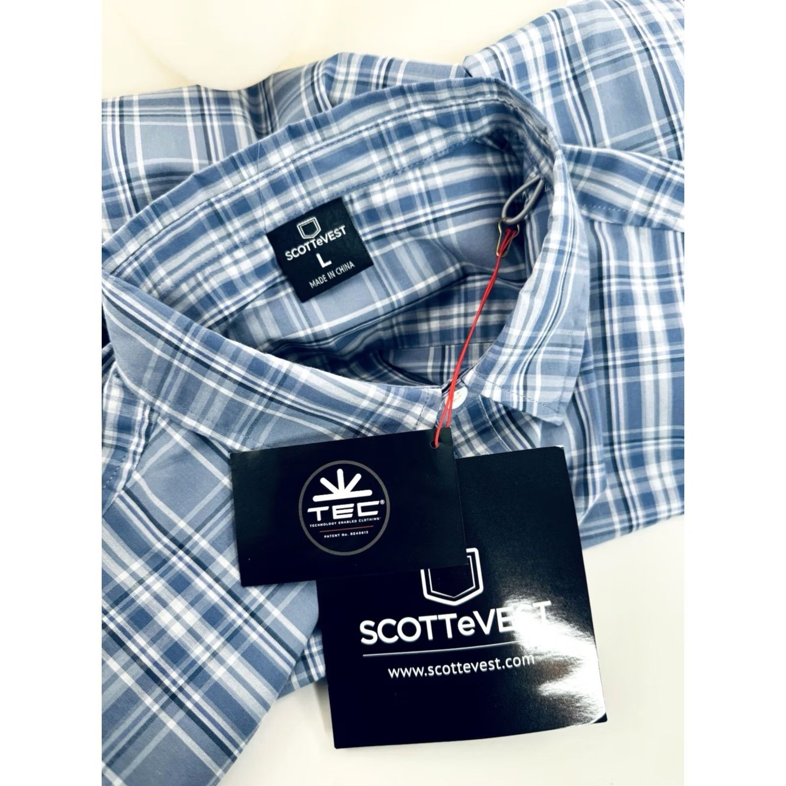 Vintage SCOTTeVEST - Dockside Plaid L Shirt - Grayish Blue / White - Men - Short Sleeve Button-Up - Regular Size L Size US L / EU 52-54 / 3 - 5 Thumbnail