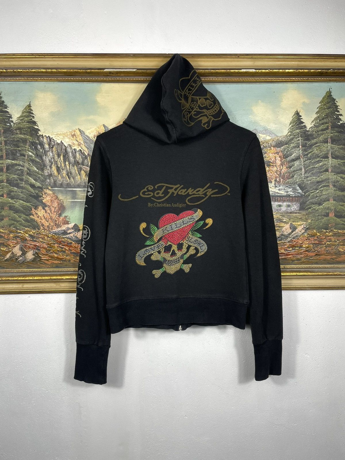 Christian Audigier × Ed Hardy × Vintage Ed Hardy Retro 00s Hoodie With Crystals Affliction Grunge Size US XS / EU 42 / 0 - 1 Thumbnail