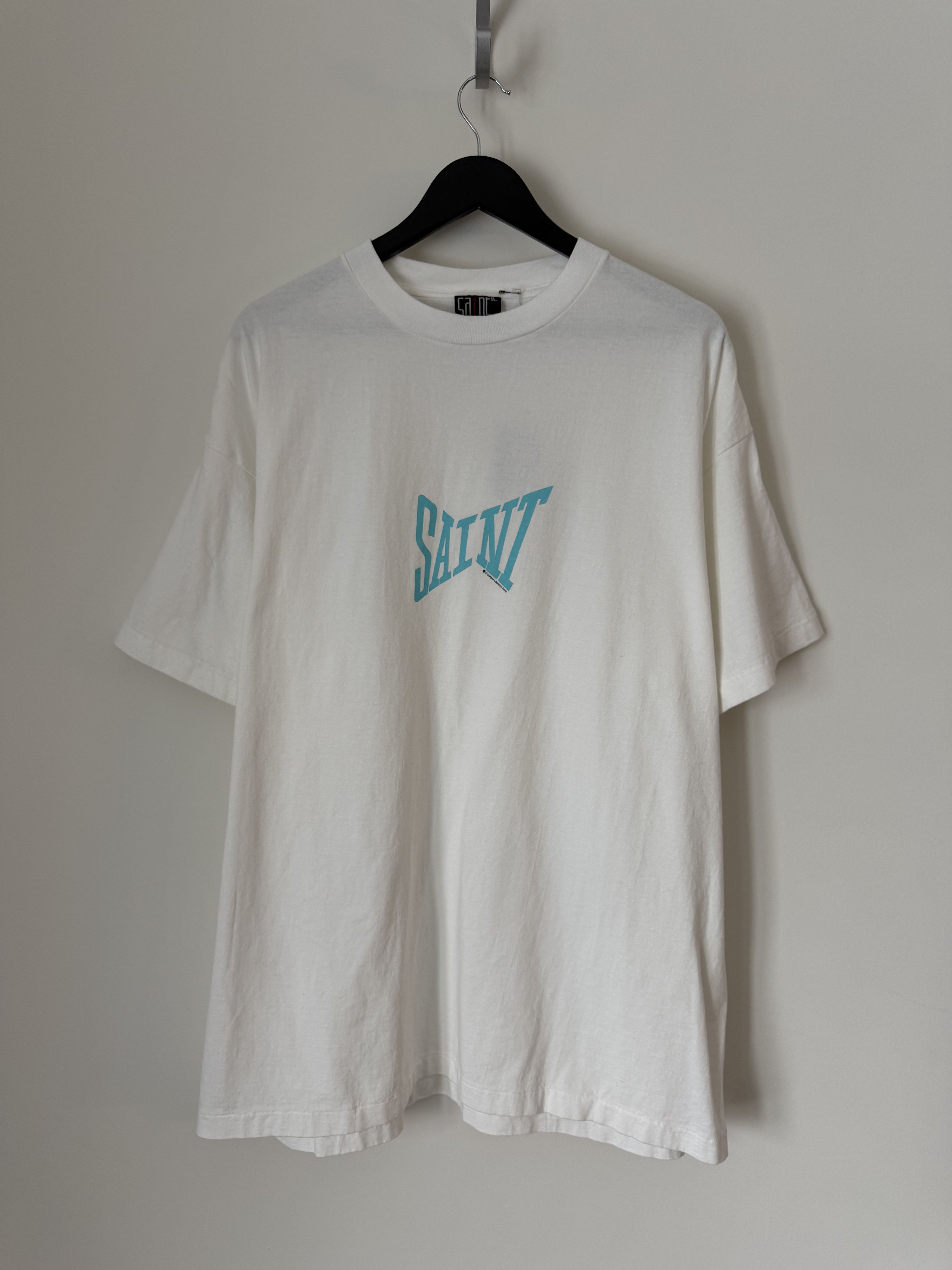 Saint Michael Ribbon Logo Tee in White Teal