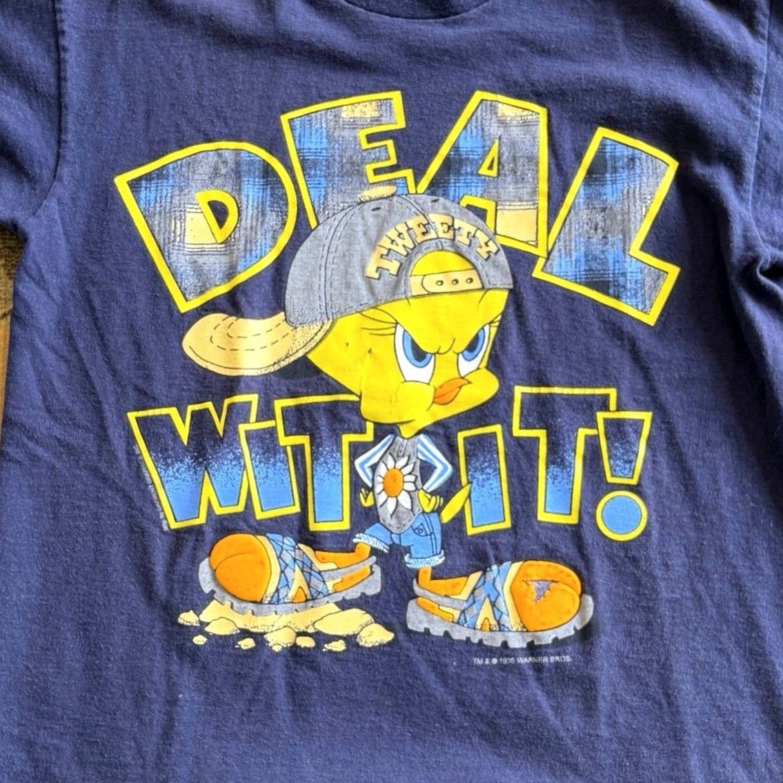 Vintage VINTAGE 90s Looney Tunes Tweety Bird “Deal Wit It!” T-Shirt Womens Large Blue Short Sleeve Regular Pattern Solid Size L / US 10 / IT 46 - 2 Thumbnail
