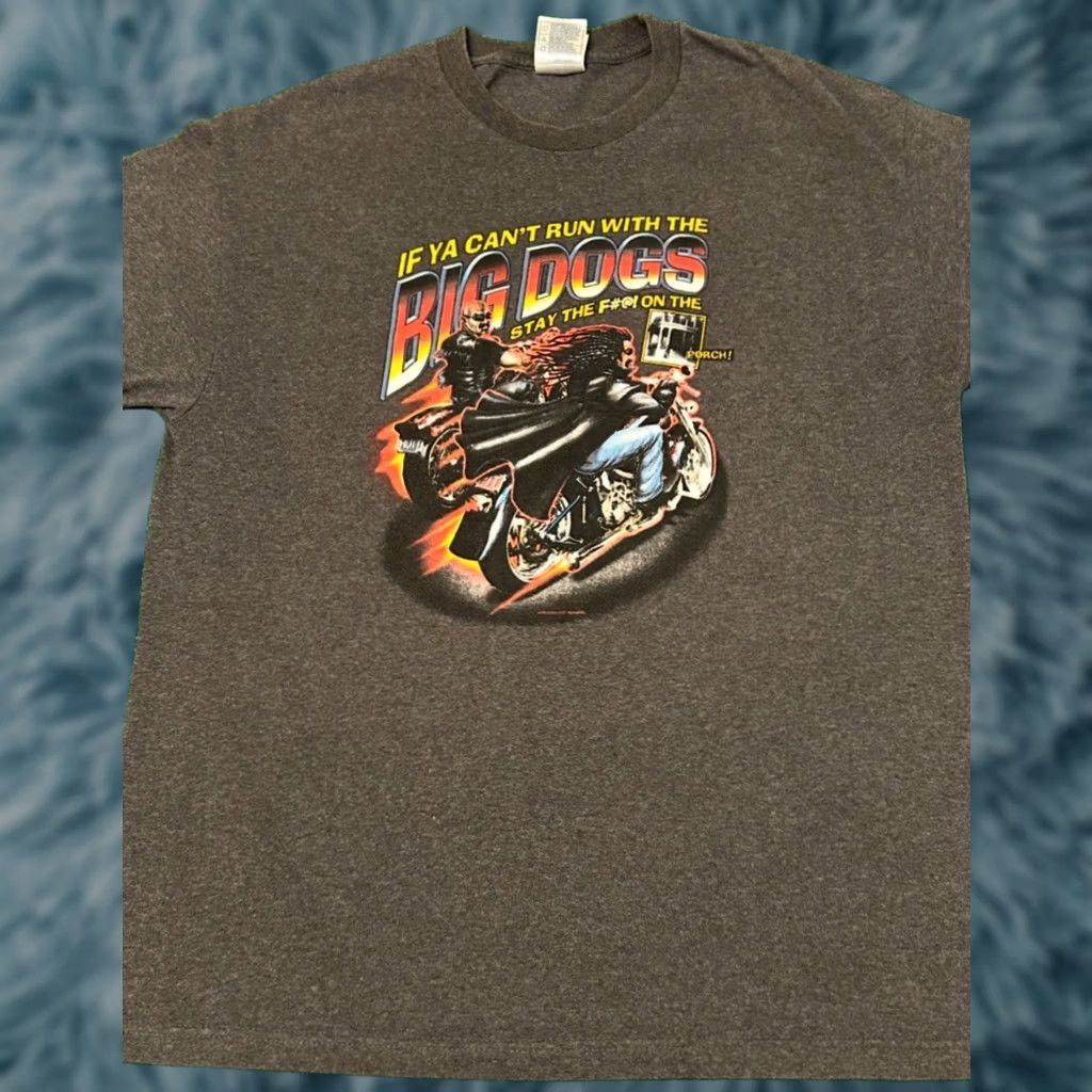 Big Dogs VINTAGE Biker Can't Run With Big Dogs Stay On The Porch VTG Shirt Mens XL Gray Short Sleeve 1990s 90s Hip Hop Motorcycle Size US XL / EU 56 / 4 - 1 Thumbnail