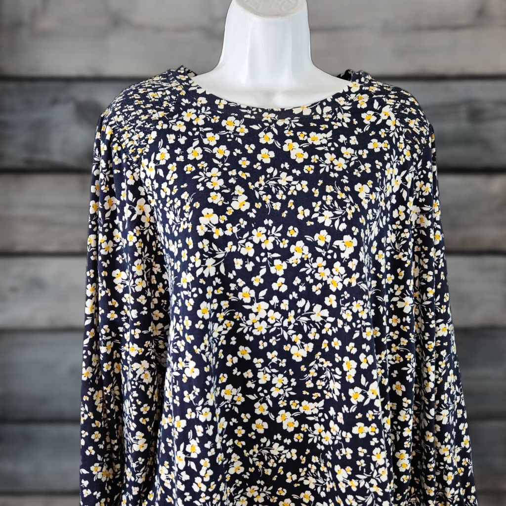J. Jill J Jill Womens Blouse Tunic XL Floral Long Sleeve Cotton Blend Blue Yellow Smocked VINTAGE? Size XL / US 12-14 / IT 48-50 - 1 Thumbnail