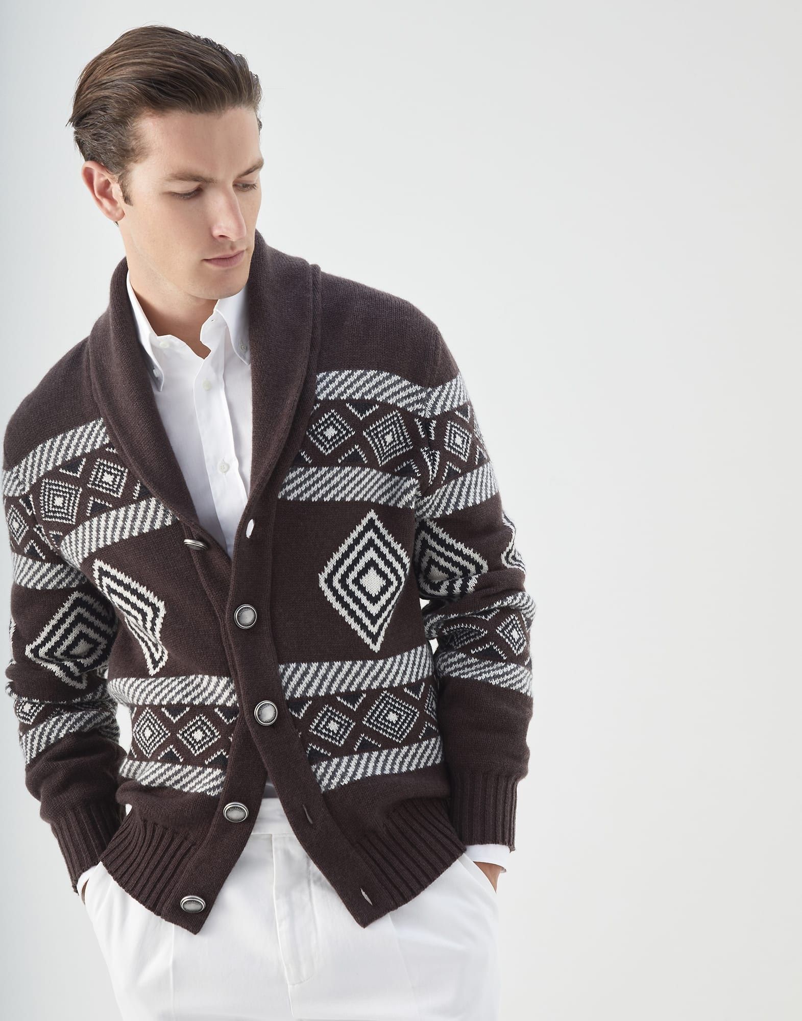 Brunello Cucinelli o1w1db10225 Cashmere Cardigan in Brown/White Size US S / EU 44-46 / 1 - 1 Thumbnail