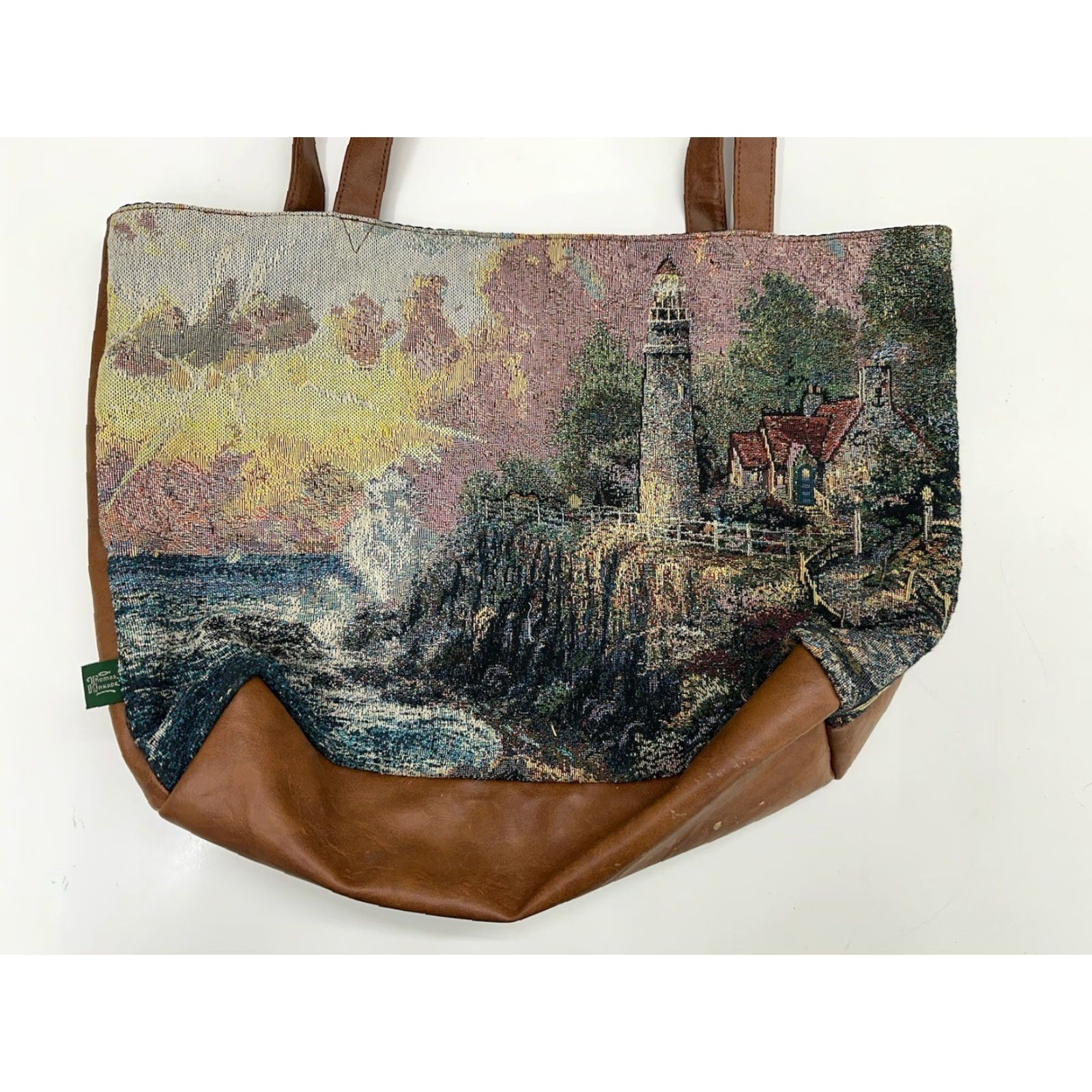 Vintage Thomas Kinkade Lighthouse Tote Bag Purse Tapestry Faux Leather Tote Brown Canvas Women Medium Vintage 90s Beach American Womens Size ONE SIZE - 3 Thumbnail