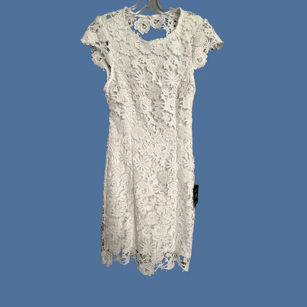 Lulus Lulus Dress Womens Small White Lace Sheath Bodycon Cutout Back Wedding Party Short Sleeve Cap Neckline Round Back Zipper Size S / US 4 / IT 40 - 1 Thumbnail