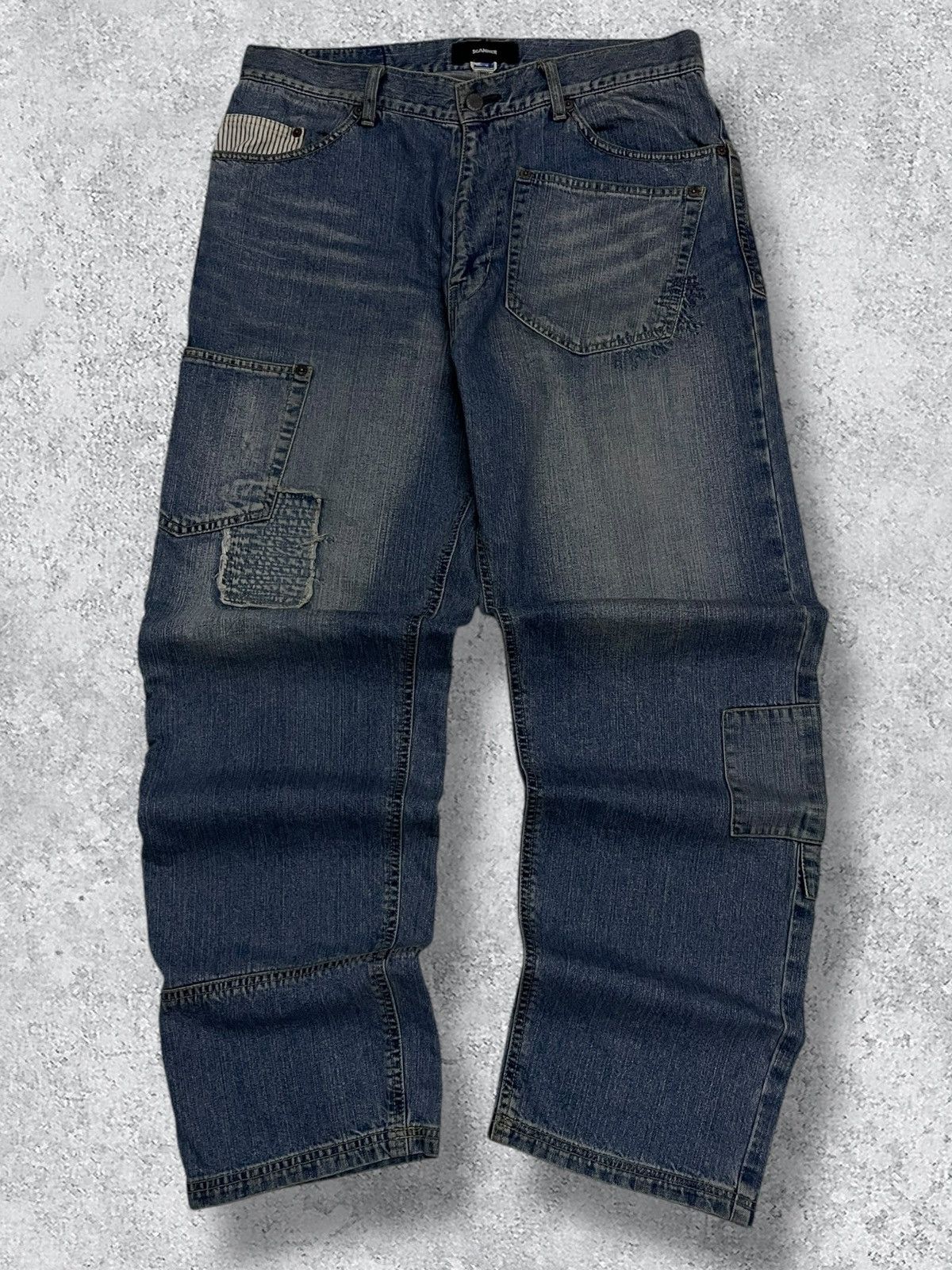 Japanese Brand Vintage 90’s Japan Scanner Unique Patch Pocket Baggy Denim Size US 33 - 1 Thumbnail