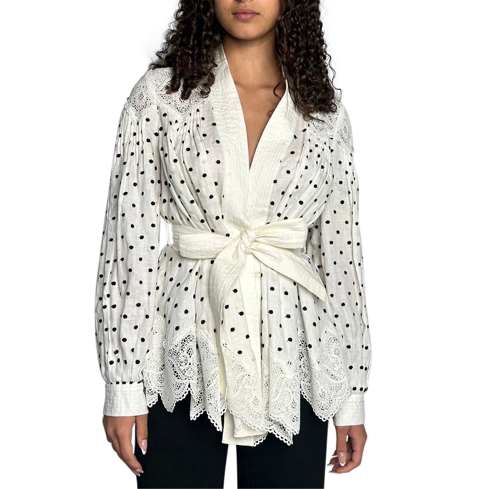 Zimmermann White and Black Polka Dot Wrap Blouse with Lace Size S / US 4 / IT 40 - 1 Thumbnail