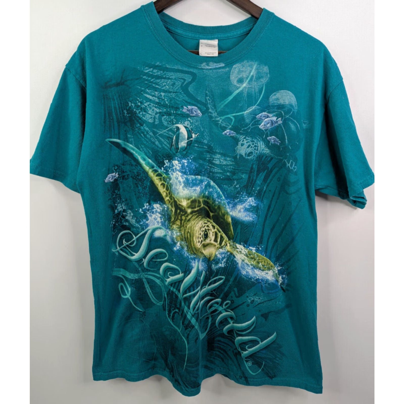 Gildan VINTAGE Sea World Sea Turtles T-Shirt Gildan Mens Teal Large Crew Neck Short Sleeve Tropical Ocean Tee Size US L / EU 52-54 / 3 - 3 Thumbnail