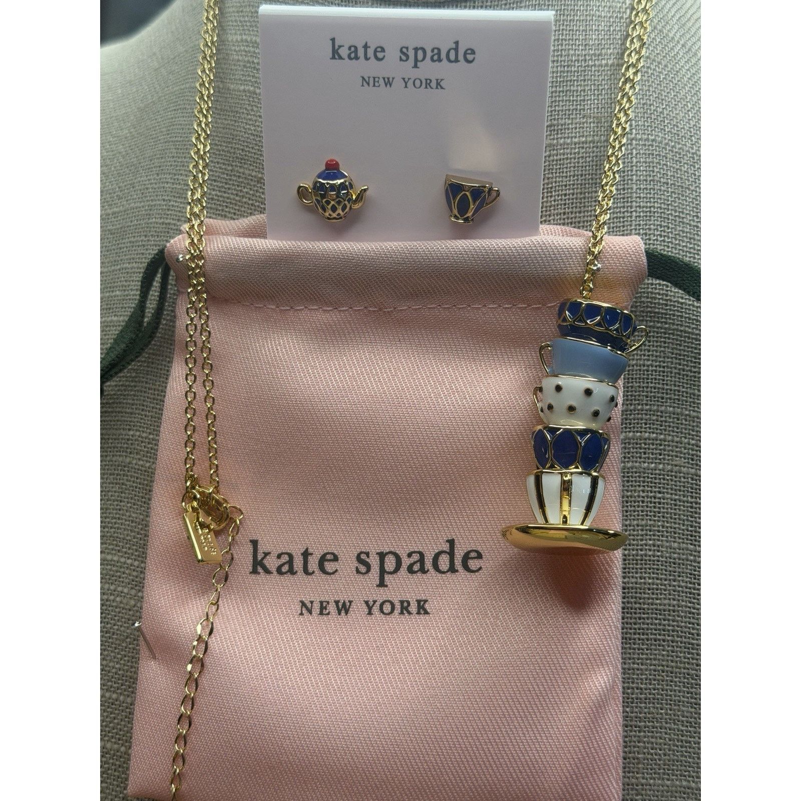 Kate Spade Kate SpadeTea Time Necklace Earrings Teacup Teapot Blue Gold Size ONE SIZE - 13 Thumbnail