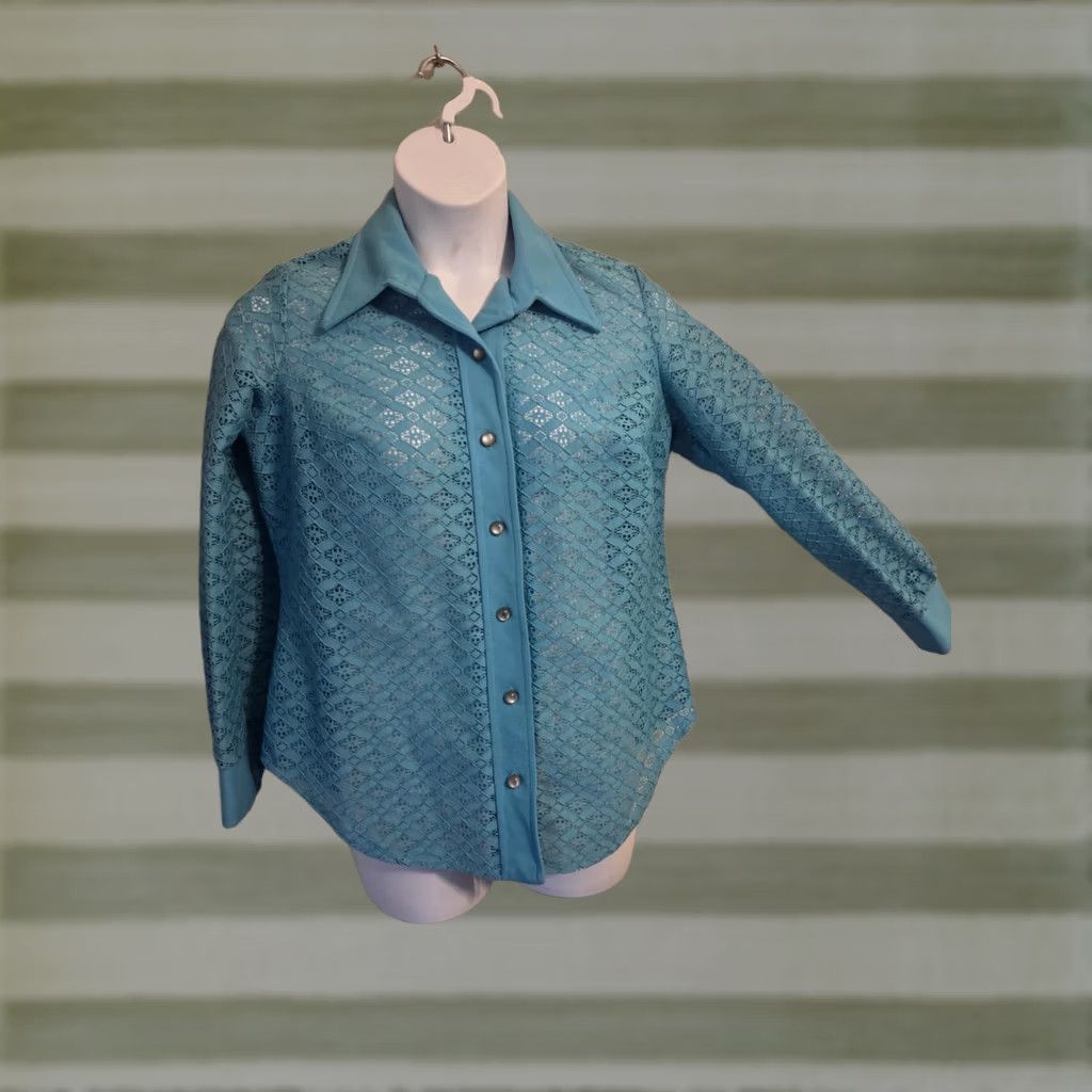 Vintage VINTAGE Teal Sheer Lace Blouse Top Plus 16.5 1970s Polyester Fortrel Shirt Womens Size XXL / US 16-18 / IT 52-54 - 1 Thumbnail